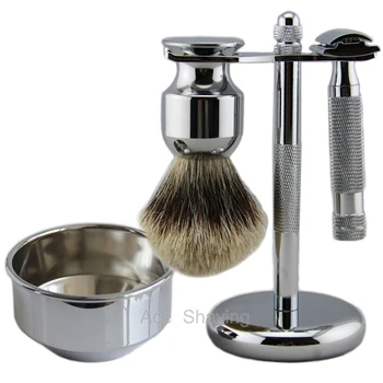 

Barber Shaving Set Safety DE Razor Holder Stainless Double Edge Blade Badger Hair Brush Metal Stand Bowl