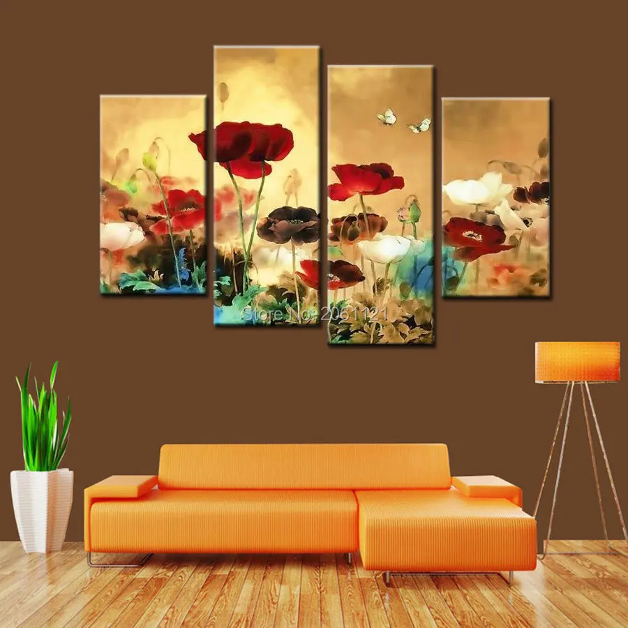 

Hand Painted 4 pieces decorative gold coloring landscape oil painting on canvas for living room pictures flowers modern wall art