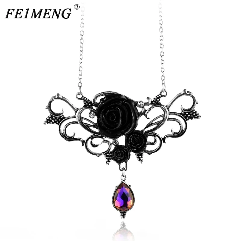 

Vintage Black Rose Purple Crystal Necklace High Quality Noble Big Charm Rose Pendant Necklace For Women Fashion Jewelry Collar