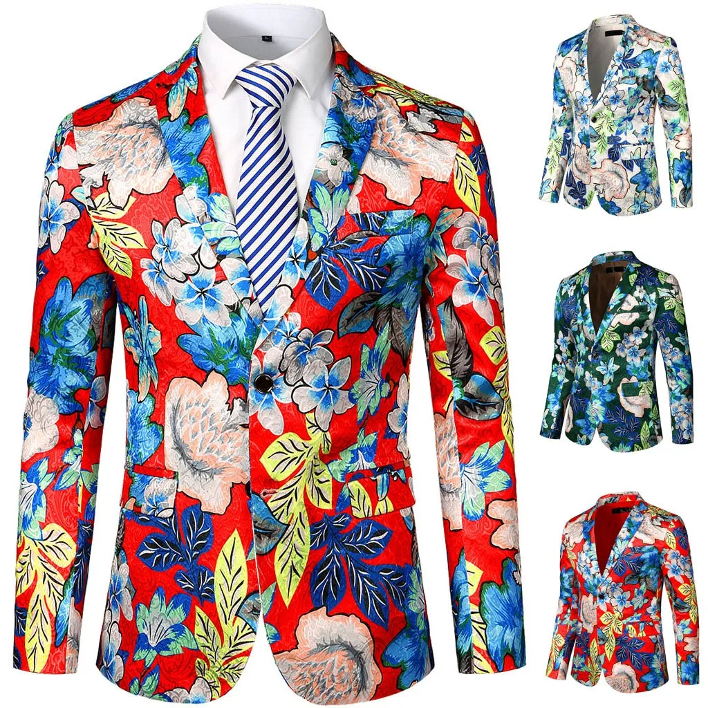 Страусиная мода блейзер для мужчин s куртки и пальто цветочный принт костюм с зубчатым отворотом приталенный стильный Блейзер пиджак блейзеры для мужчин