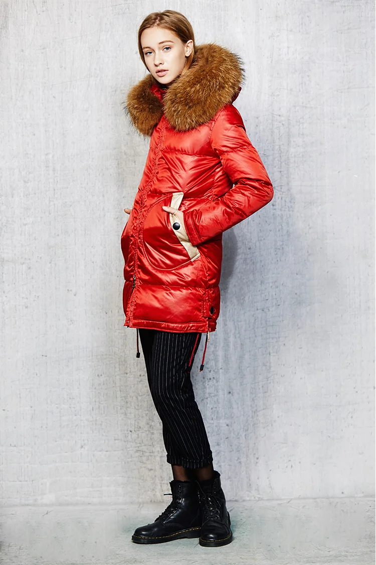 Женский зимний пуховик, длинное плотное пальто, натуральный меховой воротник, стеганое пуховое пальто, женская яркая верхняя одежда, куртки на молнии, карман As018