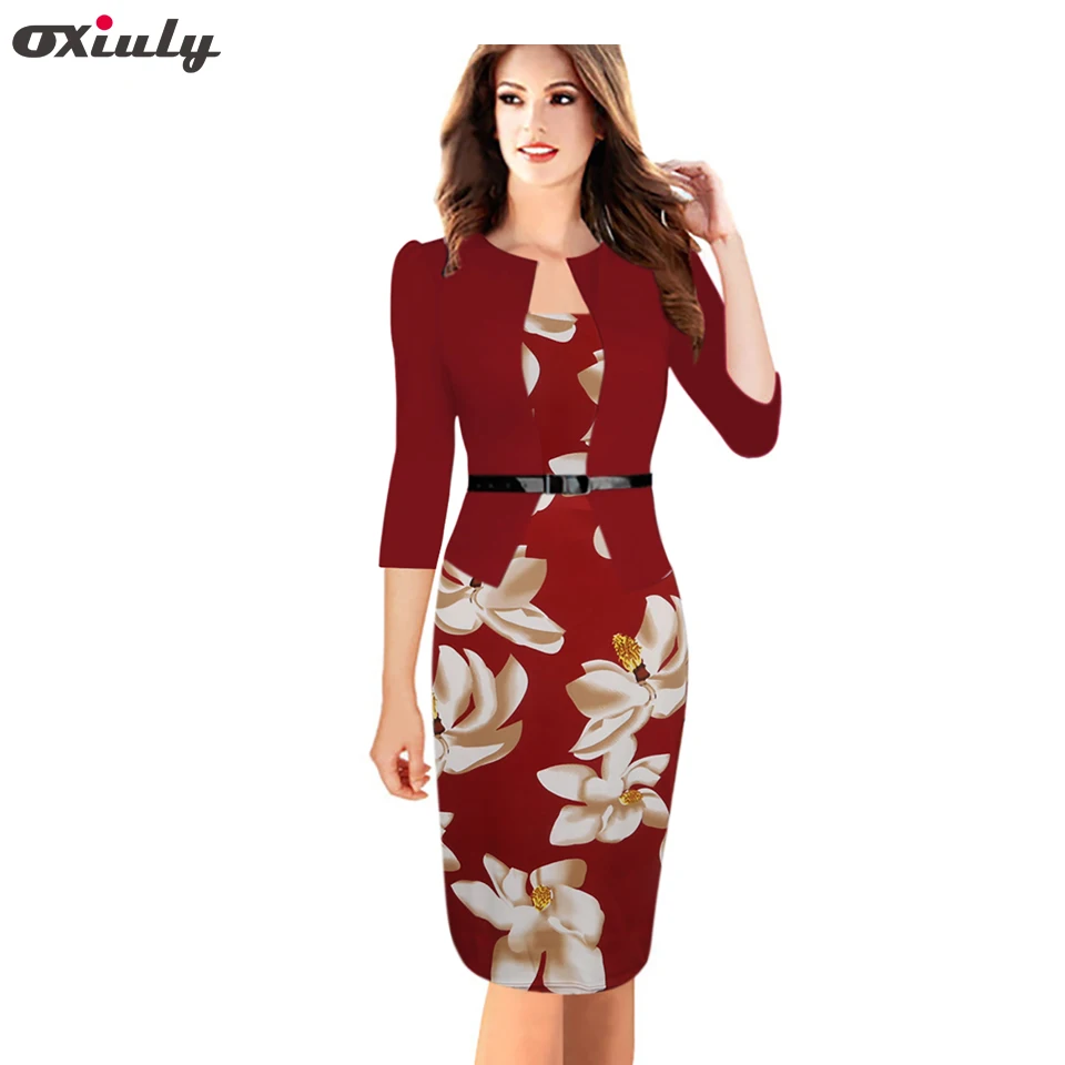 

Oxiuly Women Vintage Faux Two Piece Dresses Lady Floral Print Long Sleeve Office Wear Outfits Plus Size 4XL Sheath Pencil Dress