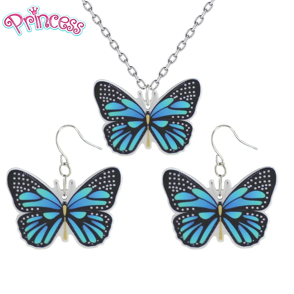 

2019 New Fashion Girls Kids Xmas Gift Jewelry Blue Butterfly Earring Pendant Short Chain Necklace Free Shipping Wholesale KS13