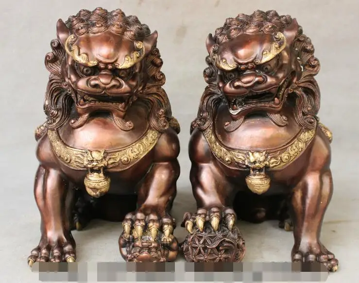 

S6810 11" Folk Chinese Pure Bronze Gilt Palace Guard Foo Fu Dog Lion Ball Statue Pair D0318