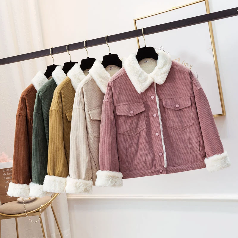 

Winter jacket female 2019 new loose corduroy cotton plus velvet thickening lamb hair short cotton clothing student style