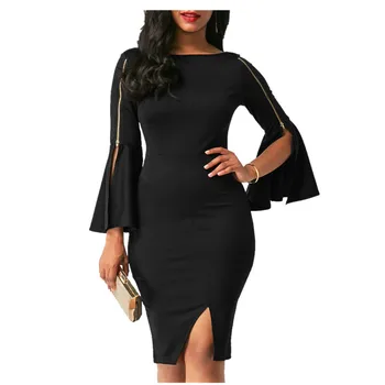 

Women'S Dress Europe And United States Fashion Package Hip New Horn Sleeve Black Bodycon Split Evening Party Clothes Vestido