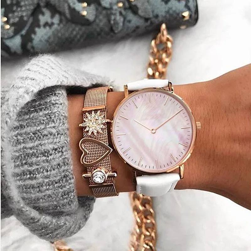 

Mavis Hare Top head layer White Leather Watches pink seashell dial plate genuine leather Woman/man Watches Bracelet Bangle set