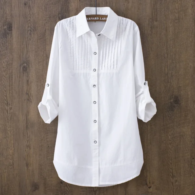 

100% cotton 2019 Spring Summer Women White blouse long-sleeved slim cotton casual work white shirts office lady button tops