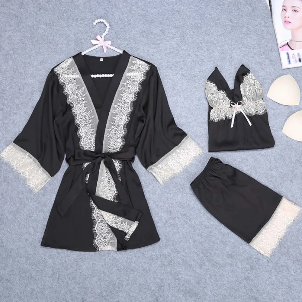 

Women Ladies Lace Satin Silk Bathrobe + Sleeveless Tos + Shorts Sets Nightgown Pajamas Sleepwear Lingerie chemise de nuit femme