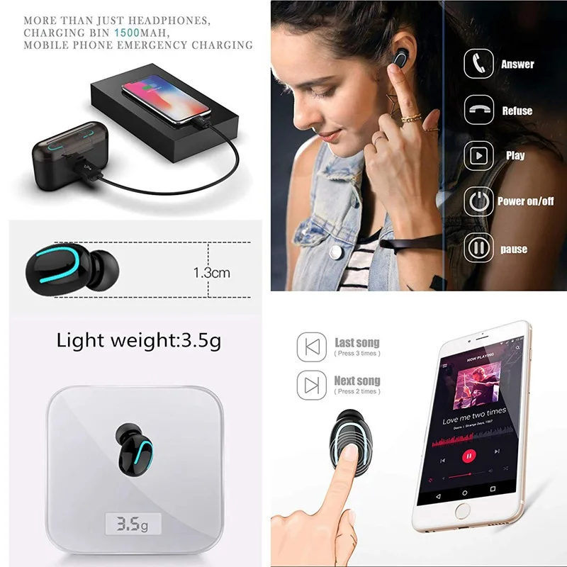 Vtin TWS Ture Earphones Wireless Bluetooth 5.0 Earbuds Waterproof TWS Headset Headphone with 1500mAh Charging Case 3D Stereo     (12)