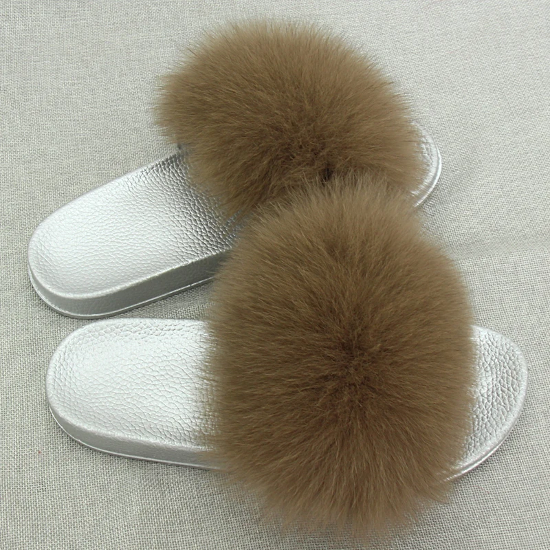 JKP Women Fur Slippers Luxury Real Fox Fur girl Beach Sandal Shoes Fluffy Comfy Furry Flip Flops