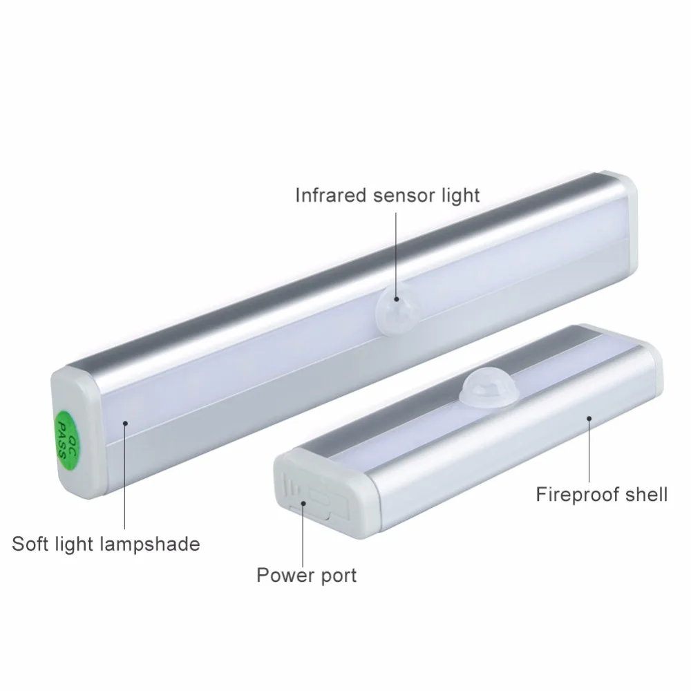 Портативный светодиодный светильник с датчиком движения под шкаф с питанием от батареек AAA 6 10 светодиодный Ночной светильник с диодом для шкафа с выдвижным ящиком, кухонная настенная лампа