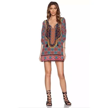 

New Bohemian Style 2019 Women Spring Summer Patchwork Dress Plus Size V Neck Half Sleeve Loose Causal Streetwear Dress