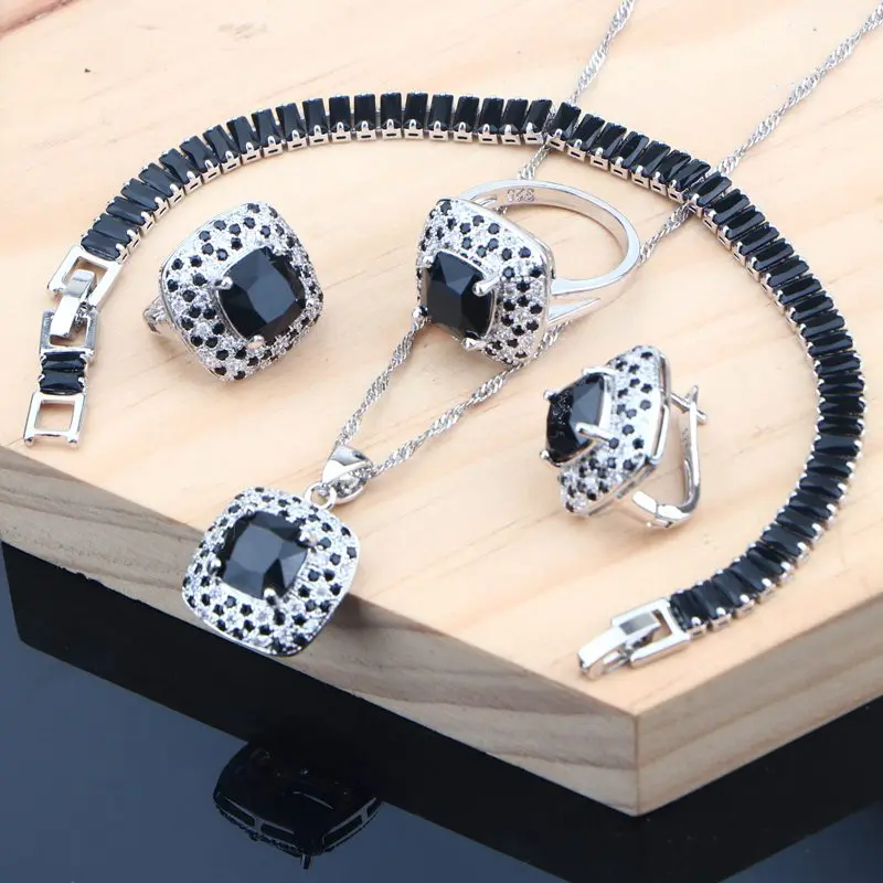 Свадебные черные кубические циркония Классические Ювелирные наборы для женщин серебро 925 ювелирные изделия серьги браслет кольцо ожерелье набор дропшиппинг - Окраска металла: 4PCS