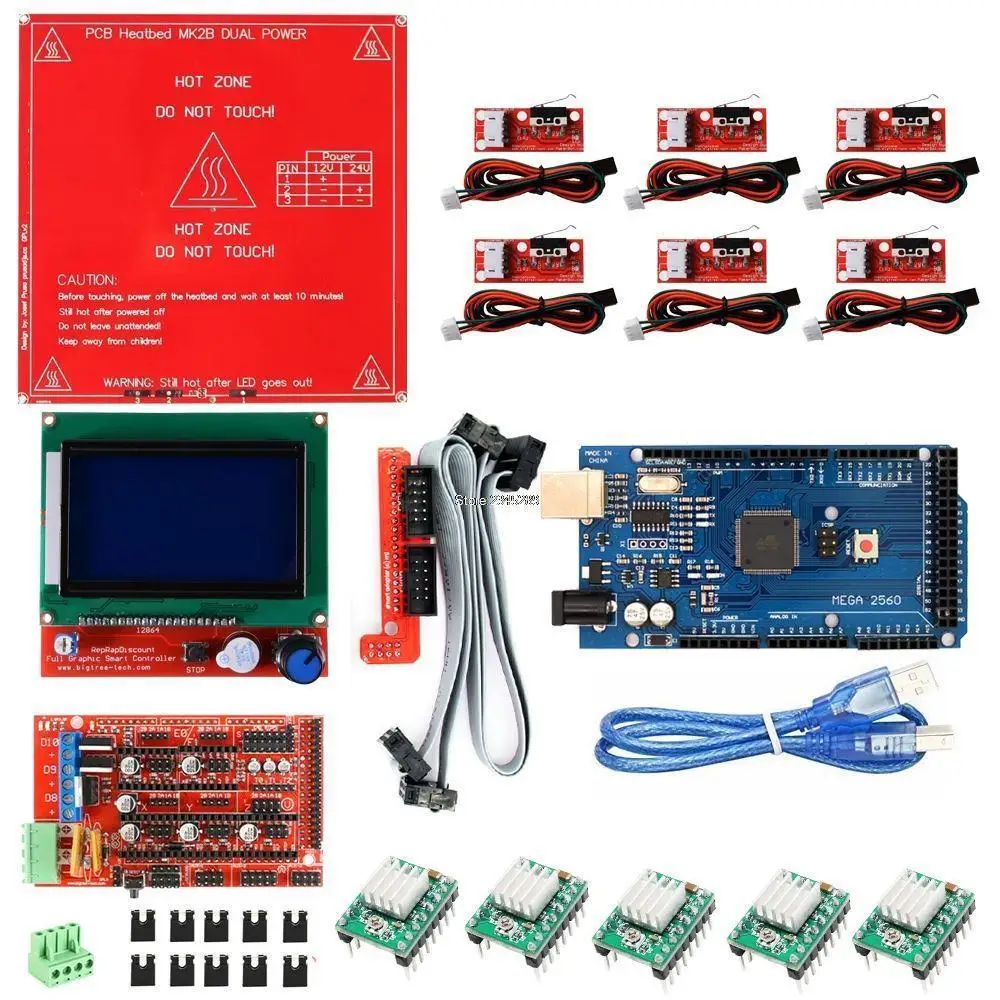 

Reprap 3D Printer Ramps 1.4 Kit - Heat bed MK2B + Ramps 1.4 + Mega 2560 r3 + 12864 LCD +5pcs A4988 + 6pcs Mechanical Switch