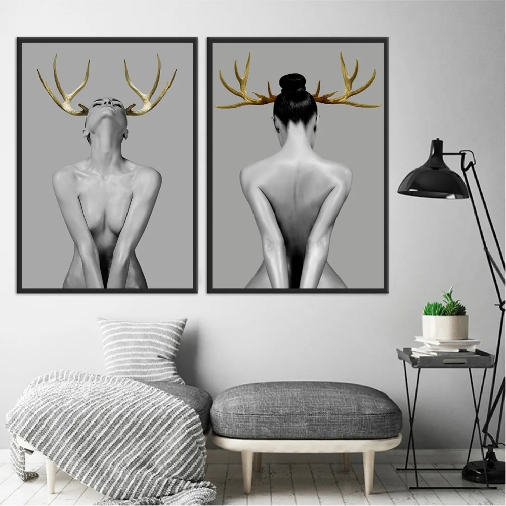 Modern Black White Elk Antlers Nude Women Canvas Painting Wall Art Poster Picture For Living Room Bedroom Home Decor No Frame