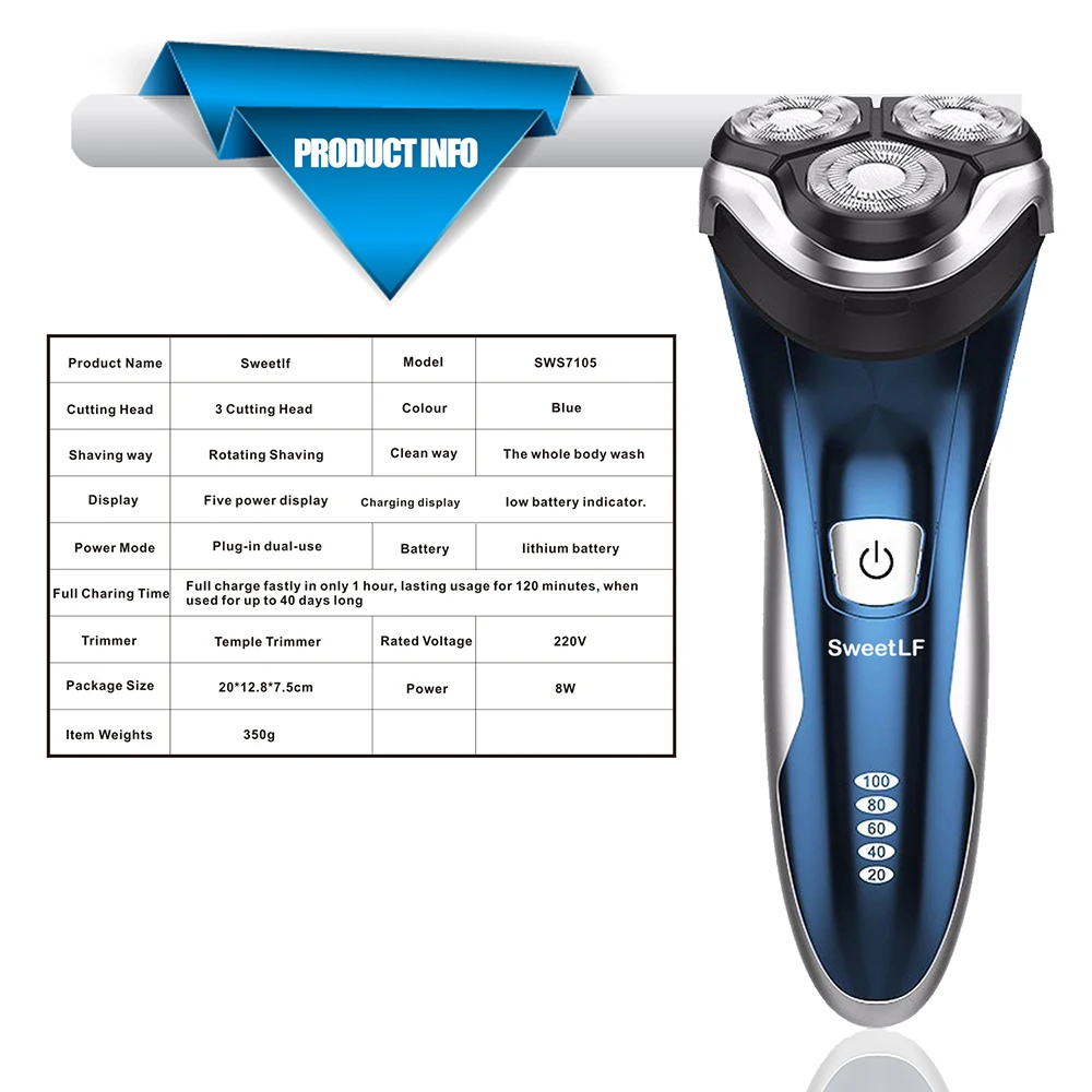Перезаряжаемая электробритва SweetLF для мужчин, Влажная и сухая 3D Тройная плавающая головка с лезвием, бритвенные бритвы, уход за лицом, триммер для бороды
