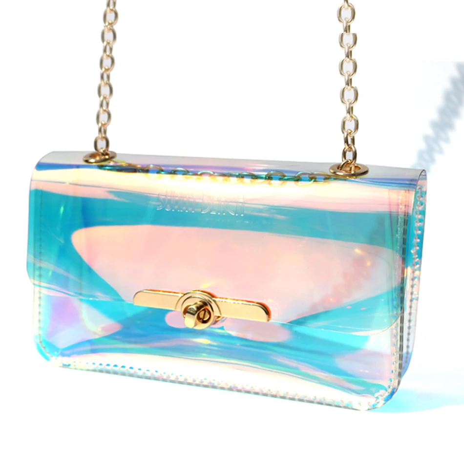 Солнечная пляжная прозрачная Голограмма лазерная сумка женские клатчи ПВХ дамская сумка цепочка Сумка