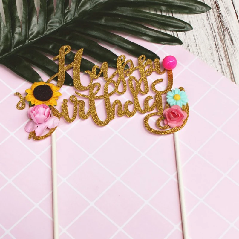 1 Pcs Cute Flowers Cake Topper Happy Birthday Cake Flag
