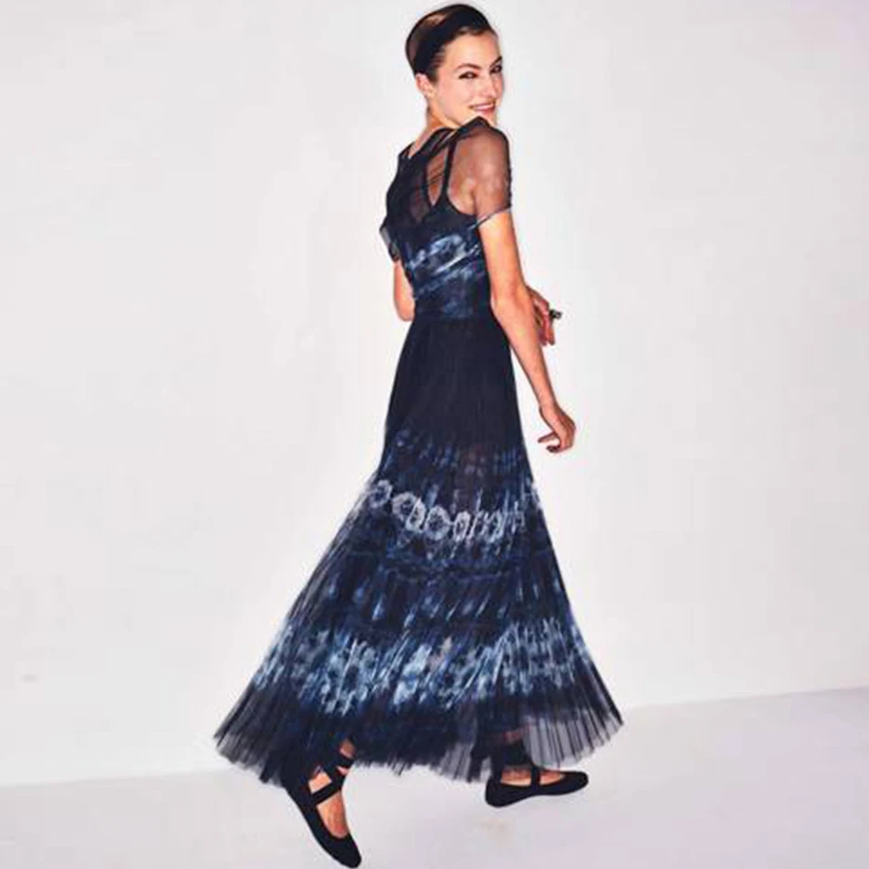 2019 Women's Summer Pleated Dress Double-layer Mesh Tie Dyed Printing High-quality Party Dress Silk Lining