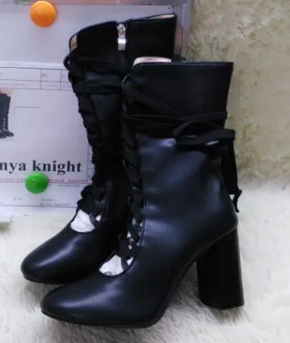 Новые модные женские ботинки из гладкой кожи с круглым носком на шнуровке; женские ботильоны на не сужающемся книзу массивном каблуке; рыцарские ботинки размера плюс 42 - Цвет: black short