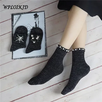 

Japanese Creative Design Shiny Pearl Dog Harajuku Cute Socks Handmade Sequins Socks Women Calcetines Mujer Skarpetki Sokken Sox