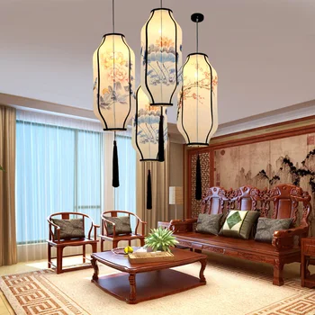 

Chinese cloth teahouse pendant lights Chinese new linen fabric hand-painted lantern Chinese Restaurant pendant lamps ZA ZS159