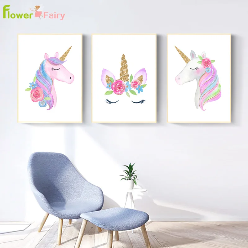 

Watercolor Baby Girl Unicorn Room Decor Nordic Poster Posters Flower Wall Art Canvas Painting Prints Cartoon Picture Unframed