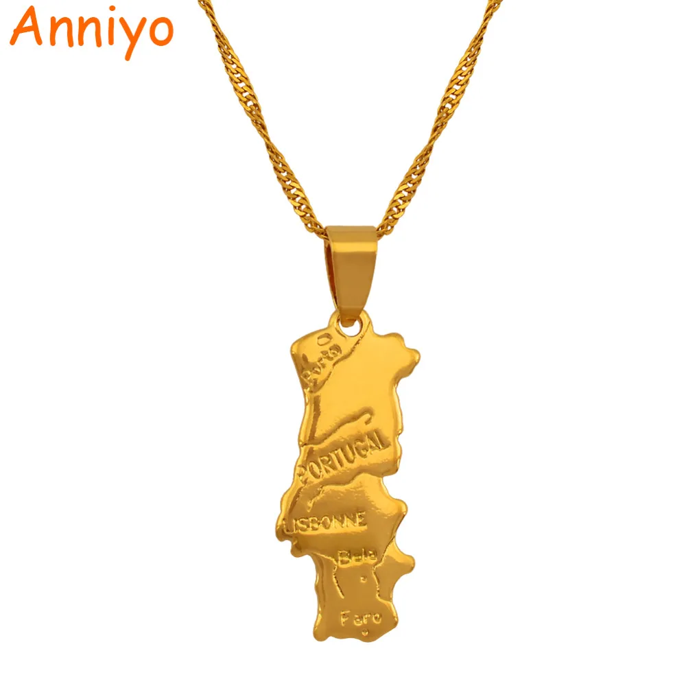 

Anniyo portugal map pendant & necklace chain women Gold Color Jewelry Portuguese PRT for Girl Gift #006710