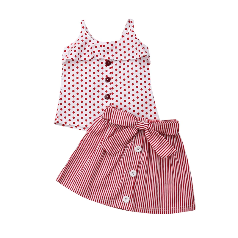 

2019 Kid Baby Girls Clothes Set Summer Sleeveless Dot Buttons Ruffle Tops Striped Bowknot Button Skirt Outfits Clothing 1-6Y