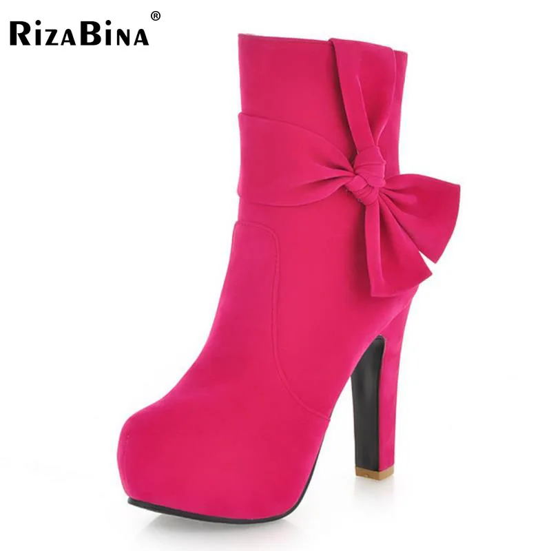 

RizaBina WomenHalf Short Boots Bowtie Platform High Heel Boots Thick Fur Shoes Women Cold Winter Boots Women Footwear Size 34-39