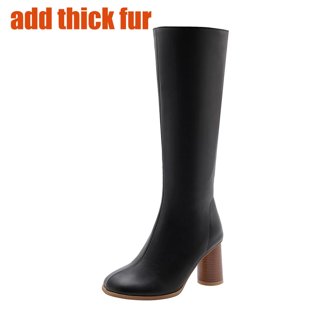 KARINLUNA Knee High Boots Autumn Winter Concise Round High Heels Zip Knee High Boots women's Boots Woman Plus Size 32-48 - Цвет: black thick fur