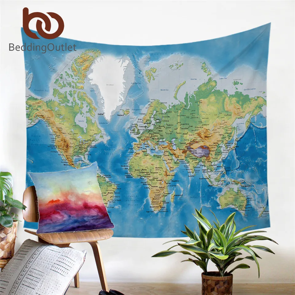 

BeddingOutlet World Map Tapestry Blue Printed Microfiber Fabric Wall Hanging Home Decor Bed Sheet 130x150 Travel Bedspreads