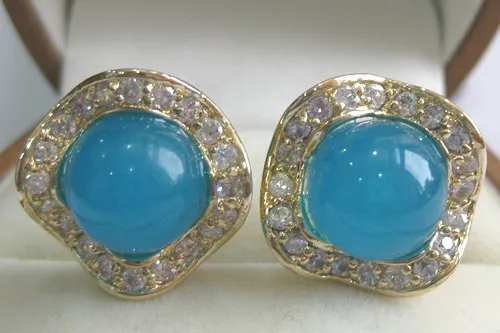 

wholesale fashion jewelry pretty 8mm round blue jade & crystal 18kgp earring