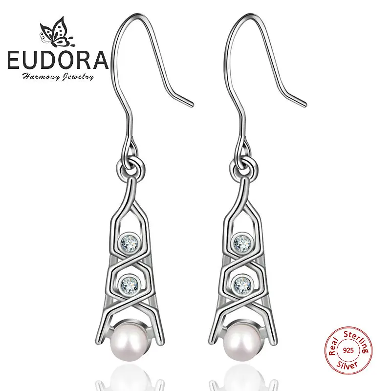EUDORA 유행 독특한 925 스털링 실버 CZ 매달려 귀걸이 패션 진주 드롭 귀걸이 고급 보석 파티 선물 E51드롭 이어링