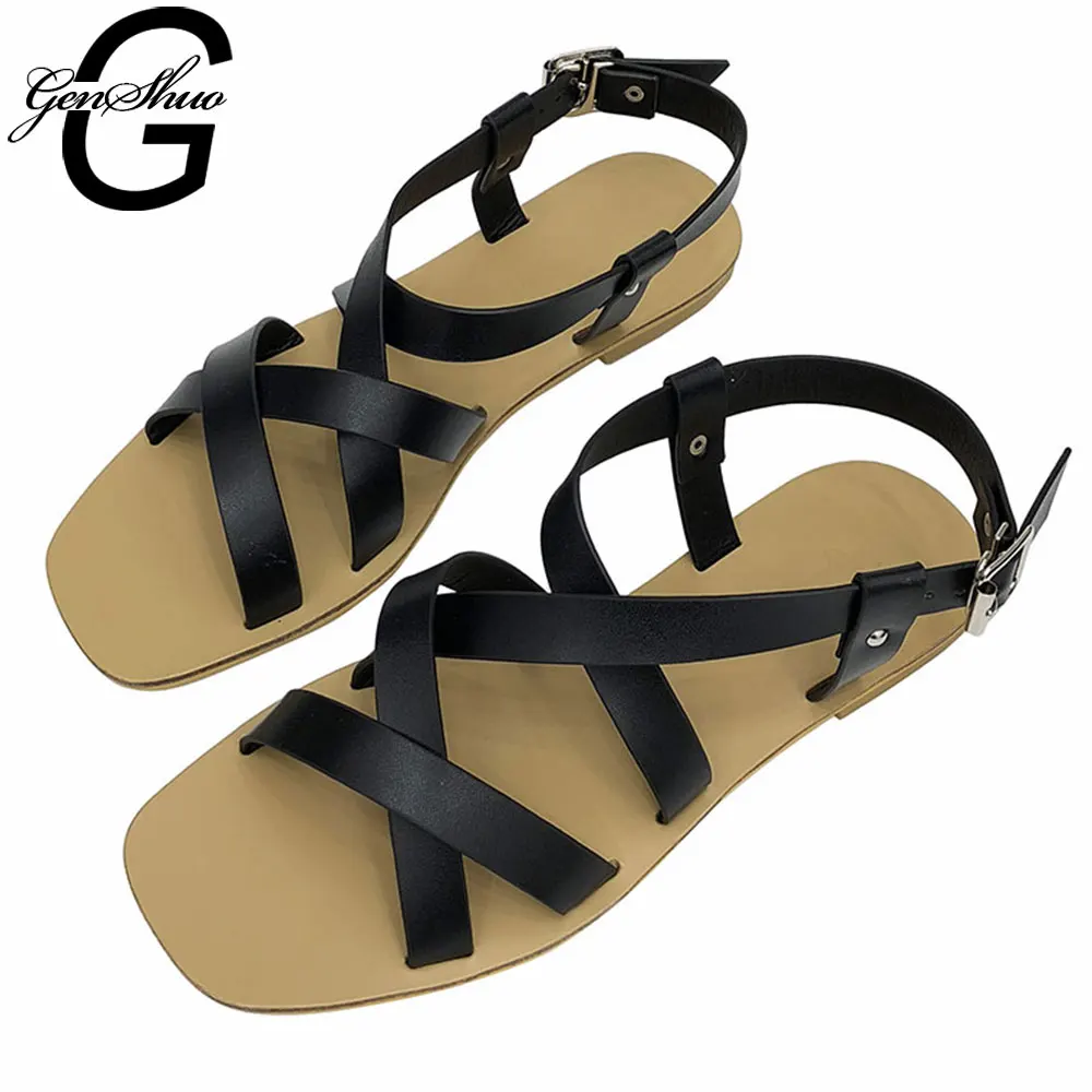 

GENSHUO Vintage Square Toe Flat Shoes Cross strap Flat Heels Women Shoes Summer Sandalias Mujer 2019 De Zapatos Black Brown Shoe