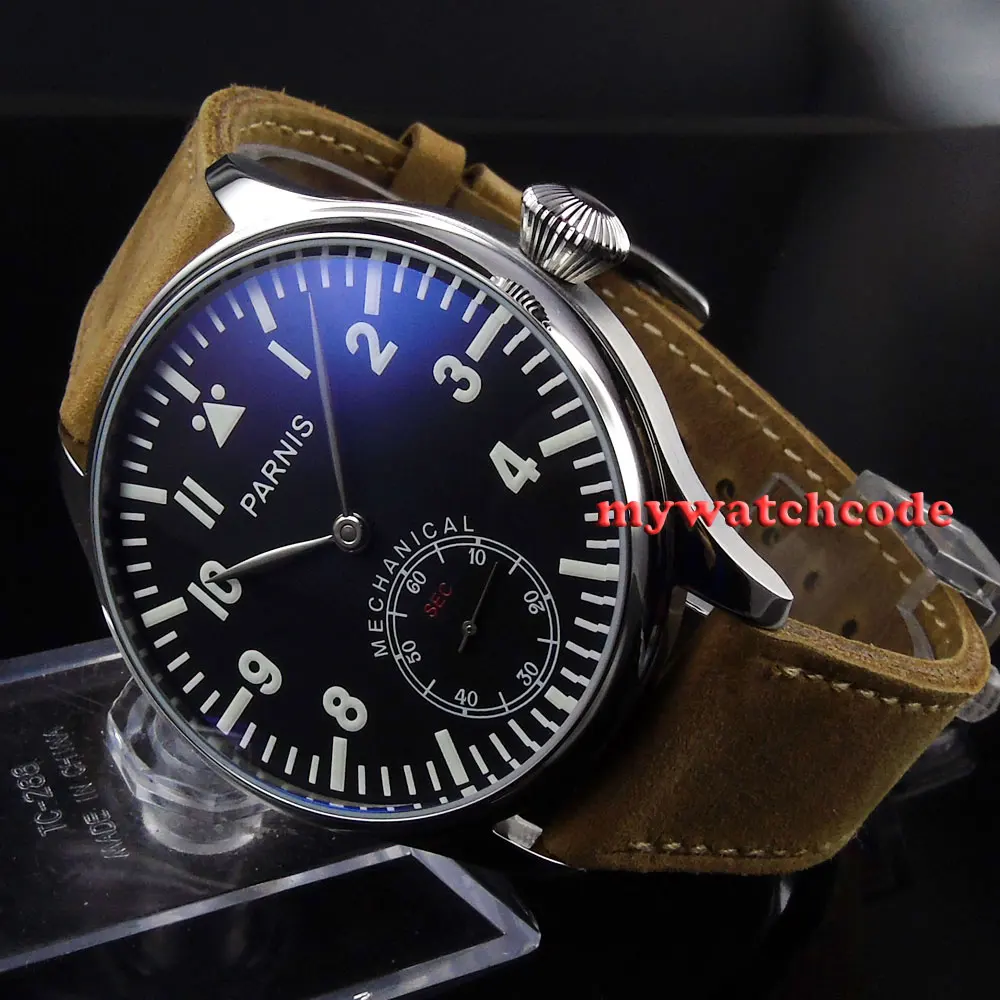 

44mm parnis black dial blue luminous 6498 movement hand winding mens watch P398