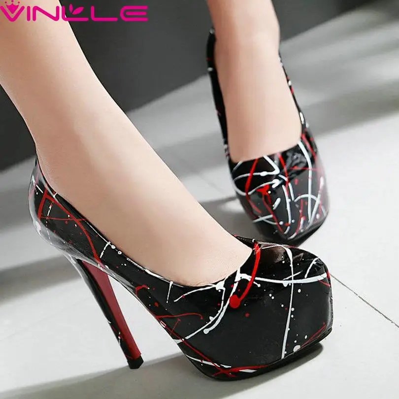 

VINLLE  Printing Leather Shoes Thin High Heel Woman Pumps Slip on Fashion Wedding Women Shoes Slip on Platform Shoes Size 34-39