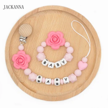 

Personalise Name Baby Pacifier Clips Holder Chain Set Teething Silicone Pacifier Chains Holder Flower Baby Teether Dummy Clips
