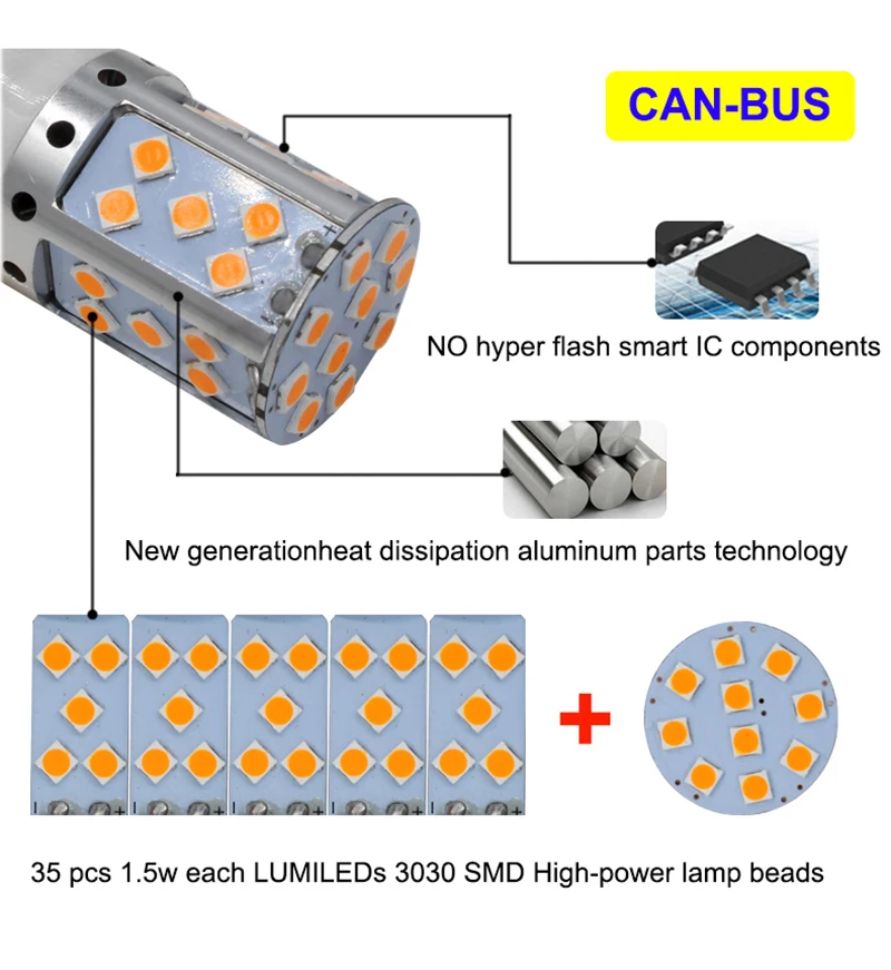 2Leites 2pcs Tail Light 1156 P21W PY21W LED Canbus S25 3030 35SMD Auto Brake Reverse Lamp DRL Rear Parking Bulbs AmberYellow