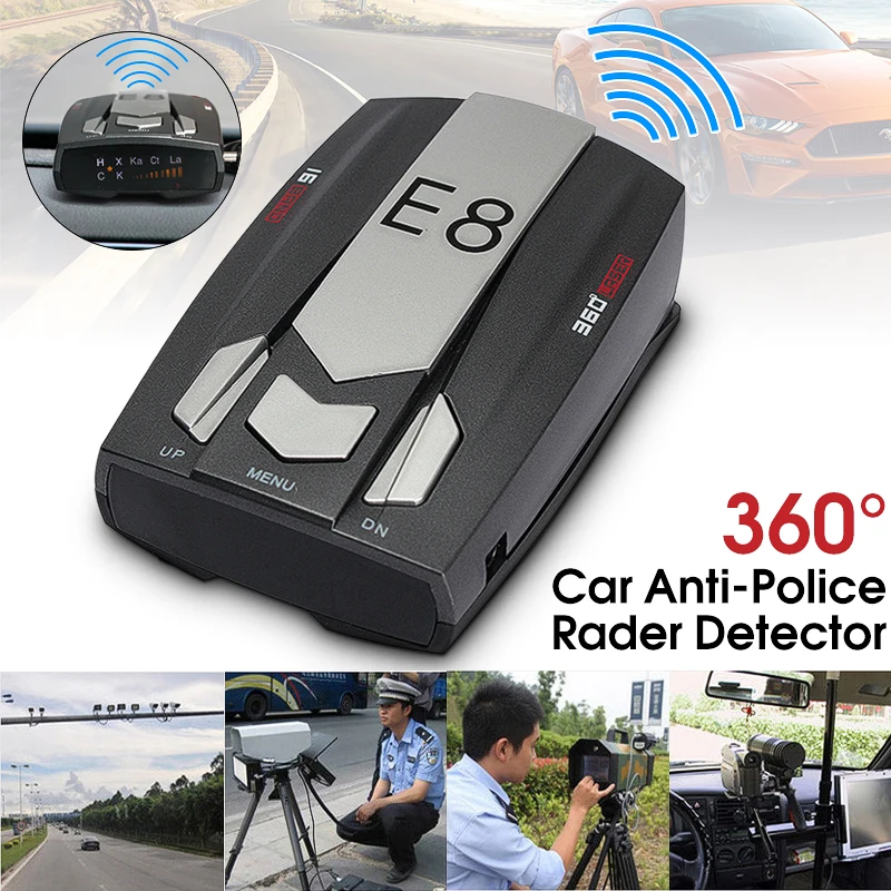 preço Rússia Inglês Voz E8 Carro Detector De Radar De 360 Graus 16 B Velocidade de Segurança Anti para A Polícia de Digitalização de Voz Avançada alerta Laser