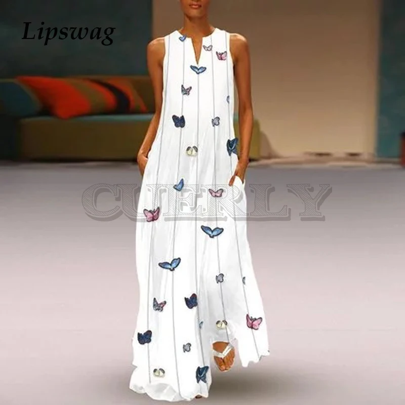 

CUERLY Vintage Sleeveless Butterfly Print Dress Women 2019 Summer Pockets Boho Beach Maxi Dress Casual Loose V Neck Dress Femme