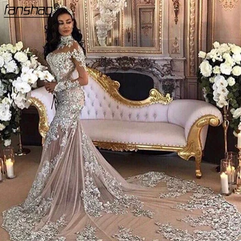 

Silver Muslim Evening Dress Mermaid Long Sleeves Appliques Lace Bead Islamic Dubai Kaftan Saudi Arabic Long Formal Evening Gown