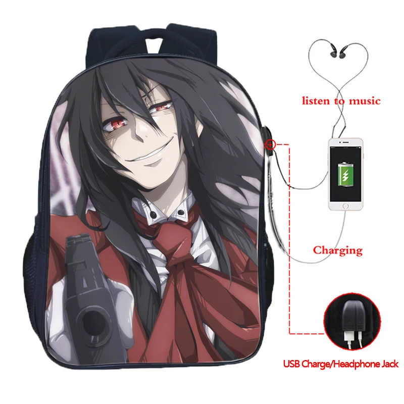 Alucard Hellsing usb зарядка школьные сумки для студентов двойной карман школьный рюкзак мода USB школьный рюкзак