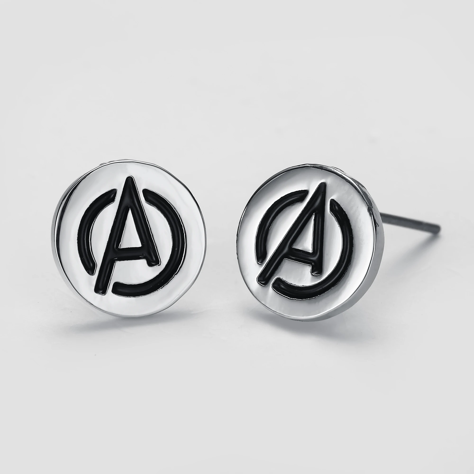 

The Avengers Earrings Silver Small Stud Earrings Earrings Movie Punk Jewelry Girl Black Enamel Letter "A" Earrings for Woman