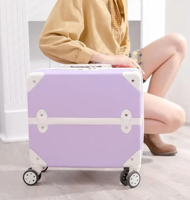 CHENGZHI 18" cute girl carry on trolley rolling luggage pink purple vintage travel suitcase for cabin - Цвет: only luggage