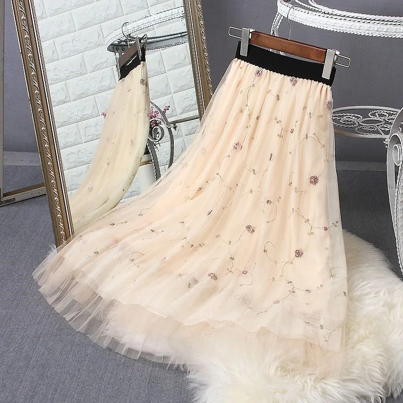 

UPPIN 2019 New Spring and Summer Embroidered Mesh Skirt Women's Long Section Lace Floral Pleated Skirt 3 Layers Tulle Skirts