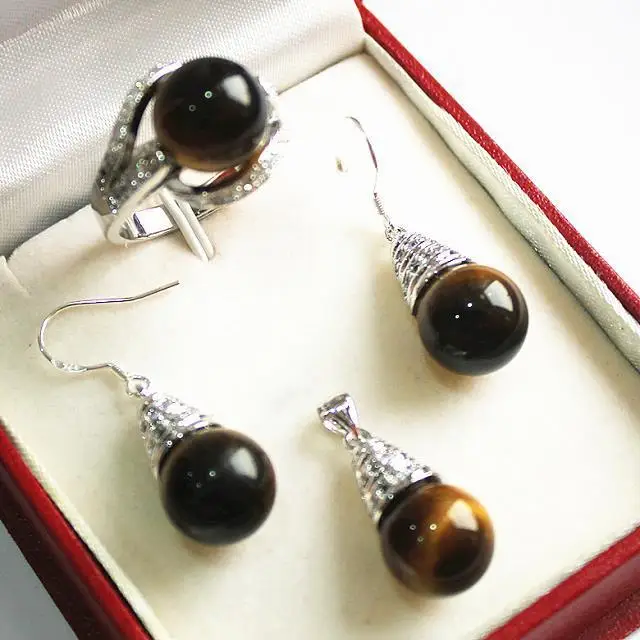 

beautiful new jewelry silver plated + 12mm tiger eye stone pendant, earring, , ring set