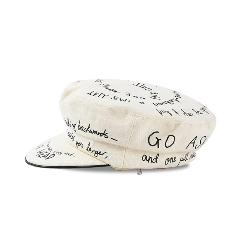 Letter graffiti soft skull cap female early autumn new England fashion military cap flat top octagonal cap