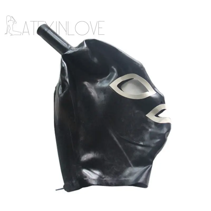 One-Ponytail-Hole-Sexy-Black-Latex-Hood-Mask-Fetish-Rubber-Mask-Open-White-Eyes-Mouth -2